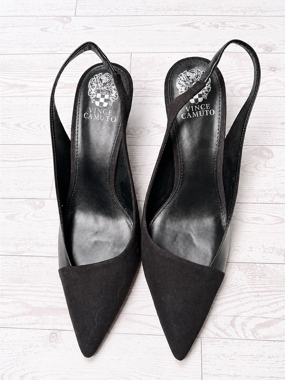 Black Pointed Toe Slingback Suede and Leather Heels